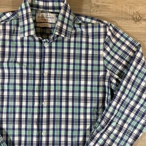 Mizzen Main Shirt Mens XL Trim Fit ‎ Green Blue Plaid Performance Button Up USA